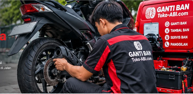 Teknisi melakukan penggantian ban motor di lokasi pelanggan